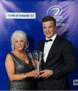 7 May 2016; Patricia Hyland, Director of Sales at Laya Healthcare, presents the Laya Healthcare Young Player of the Year award to Josh van der Flier. The Leinster Awards Ball celebrated the 2015/16 season to date, with players past and present, and said a fond farewell to a number of players who had contributed much to the success of Leinster over the years. Ben Te'o and Josh van der Flier were the big winners on the night as they won the Bank of Ireland Players' Player of the Year and the Laya Healthcare Young Player of the Year Awards, while Belvedere College and St Mary's RFC were notable winners on the domestic side. DoubleTree by Hilton, Dublin. Picture credit: Stephen McCarthy / SPORTSFILE