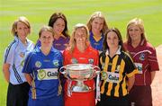 2 June 2010; At the launch of the Gala All-Ireland Camogie Championships 2010, are, from left, Senior captains, Catriona Power, Dublin, Jill Horan, Tipperary, Una Leacy, Wexford, Joanne O'Callaghan, Cork, Siobhan Lafferty, Clare, Anne Dalton, Kilkenny, and Susan Earner, Galway. Camogie fans are set for a triple delight following the announcement at the launch that the Intermediate Camogie Final will be played with the Senior and Premier Junior Finals for the first time in GAA headquarters this year. Croke Park, Dublin. Picture credit: Brendan Moran / SPORTSFILE