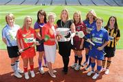 2 June 2010; At the launch of the Gala All-Ireland Camogie Championships 2010 are Joan O'Flynn, 3rd from left, and Denise Lord, Customer Services Manager, Gala, with senior captains, from left, Catriona Power, Dublin, Joanne O'Callaghan, Cork, Una Leacy, Wexford, Susan Earner, Galway, Siobhan Lafferty, Clare, Jill Horan, Tipperary, and Anne Dalton, Kilkenny. Camogie fans are set for a triple delight following the announcement at the launch that the Intermediate Camogie Final will be played with the Senior and Premier Junior Finals for the first time in GAA headquarters this year. Croke Park, Dublin. Picture credit: Brendan Moran / SPORTSFILE