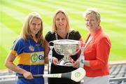 2 June 2010; At the launch of the Gala All-Ireland Camogie Championships 2010, from left, Siobhan Laffety, Clare, with Denise Lord, Customer Service Manager, Gala, Joan O'Flynn, President, Cumann Camogaiochta na nGael and the O'Duffy Cup. Camogie fans are set for a triple delight following the announcement at the launch that the Intermediate Camogie Final will be played with the Senior and Premier Junior Finals for the first time in GAA headquarters this year. Croke Park, Dublin. Picture credit: Brendan Moran / SPORTSFILE