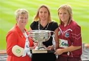 2 June 2010; At the launch of the Gala All-Ireland Camogie Championships 2010, from left, Joan O'Flynn, President, Cumann Camogaiochta na nGael, Denise Lord, Customer Service Manager, Gala, and Susan Earner, Galway, with the O'Duffy Cup. Camogie fans are set for a triple delight following the announcement at the launch that the Intermediate Camogie Final will be played with the Senior and Premier Junior Finals for the first time in GAA headquarters this year. Croke Park, Dublin. Picture credit: Brendan Moran / SPORTSFILE