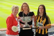 2 June 2010; At the launch of the Gala All-Ireland Camogie Championships 2010, from left, Joan O'Flynn, President, Cumann Camogaiochta na nGael, Denise Lord, Customer Service Manager, Gala, and Anne Dalton, Kilkenny, with the O'Duffy Cup. Camogie fans are set for a triple delight following the announcement at the launch that the Intermediate Camogie Final will be played with the Senior and Premier Junior Finals for the first time in GAA headquarters this year. Croke Park, Dublin. Picture credit: Brendan Moran / SPORTSFILE