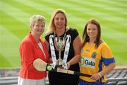 2 June 2010; At the launch of the Gala All-Ireland Camogie Championships 2010, from left, Joan O'Flynn, President, Cumann Camogaiochta na nGael, Denise Lord, Customer Service Manager, Gala, and Donna Kelly, Roscommon, with the Premier Junior Cup. Camogie fans are set for a triple delight following the announcement at the launch that the Intermediate Camogie Final will be played with the Senior and Premier Junior Finals for the first time in GAA headquarters this year. Croke Park, Dublin. Picture credit: Brendan Moran / SPORTSFILE