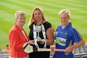 2 June 2010; At the launch of the Gala All-Ireland Camogie Championships 2010, from left, Joan O'Flynn, President, Cumann Camogaiochta na nGael, Denise Lord, Customer Service Manager, Gala, and Ann Marie Doran, Wicklow, with the Junior B Cup. Camogie fans are set for a triple delight following the announcement at the launch that the Intermediate Camogie Final will be played with the Senior and Premier Junior Finals for the first time in GAA headquarters this year. Croke Park, Dublin. Picture credit: Brendan Moran / SPORTSFILE
