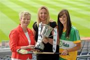2 June 2010; At the launch of the Gala All-Ireland Camogie Championships 2010, from left, Joan O'Flynn, President, Cumann Camogaiochta na nGael, Denise Lord, Customer Service Manager, Gala, and Michaela Morkan, Offaly, with the Intermediate Cup. Camogie fans are set for a triple delight following the announcement at the launch that the Intermediate Camogie Final will be played with the Senior and Premier Junior Finals for the first time in GAA headquarters this year. Croke Park, Dublin. Picture credit: Brendan Moran / SPORTSFILE