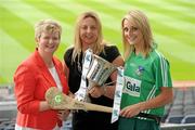 2 June 2010; At the launch of the Gala All-Ireland Camogie Championships 2010, from left, Joan O'Flynn, President, Cumann Camogaiochta na nGael, Denise Lord, Customer Service Manager, Gala, and Claire Mulcahy, Limerick, with the Intermediate Cup. Camogie fans are set for a triple delight following the announcement at the launch that the Intermediate Camogie Final will be played with the Senior and Premier Junior Finals for the first time in GAA headquarters this year. Croke Park, Dublin. Picture credit: Brendan Moran / SPORTSFILE