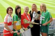 2 June 2010; At the launch of the Gala All-Ireland Camogie Championships 2010, from left, Claire O'Kane, Derry, Michaela Morkan, Offaly, Joan O'Flynn, President, Cumann Camogaiochta na nGael, Denise Lord, Customer Services Manager, Gala and Claire Mulcahy, Limerick. Camogie fans are set for a triple delight following the announcement at the launch that the Intermediate Camogie Final will be played with the Senior and Premier Junior Finals for the first time in GAA headquarters this year. Croke Park, Dublin. Picture credit: Brendan Moran / SPORTSFILE