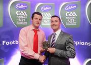 2 June 2010; Shane Guest, Senior Brand Manager, Cadbury Ireland, with Donegal footballer Michael Murphy who was short listed for the 2010 Cadbury Hero of the Future Award. Michael was one of 14 short listed players who excelled throughout the 2010 Cadbury GAA U21 Football Championship. The 2010 Cadbury Hero of the Future Award was won by Rory O’Carroll, from Dublin. All nominees can be seen on www.cadburygaau21.com. Past winners, Colm O’Neill and Fintan Goold from Cork, Killian Young from Kerry and Keith Higgins from Mayo have gone on to represent their Counties at Senior level. Cadbury Under 21 Hero of the Future Awards, Croke Park, Dublin. Picture credit: Stephen McCarthy / SPORTSFILE