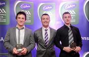 2 June 2010; Shane Guest, Senior Brand Manager, Cadbury Ireland, with Roscommon footballers Neil Collins, left, and Michael Higgins who were short listed for the 2010 Cadbury Hero of the Future Award. Neil and Michael were two of 14 shortlisted players who excelled throughout the 2010 Cadbury GAA U21 Football Championship. The 2010 Cadbury Hero of the Future Award was won by Rory O’Carroll, from Dublin. All nominees can be seen on www.cadburygaau21.com. Past winners, Colm O’Neill and Fintan Goold from Cork, Killian Young from Kerry and Keith Higgins from Mayo have gone on to represent their Counties at Senior level. Cadbury Under 21 Hero of the Future Awards, Croke Park, Dublin. Picture credit: Stephen McCarthy / SPORTSFILE