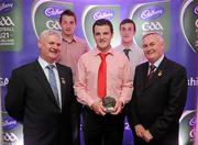 2 June 2010; Uachtarán Chumann Lúthchleas Gael Criostóir Ó Cuana and Ulster GAA President Aogan Farrell with Ulster short listed players Michael Murphy, Donegal, centre, Cavan footballer David Givney, left, and Donegal forward Leo McLoone. Michael, David and Leo were three of 14 short listed players who excelled throughout the 2010 Cadbury GAA U21 Football Championship. The 2010 Cadbury Hero of the Future Award was won by Rory O’Carroll, from Dublin. All nominees can be seen on www.cadburygaau21.com. Past winners, Colm O’Neill and Fintan Goold from Cork, Killian Young from Kerry and Keith Higgins from Mayo have gone on to represent their Counties at Senior level. Cadbury Under 21 Hero of the Future Awards, Croke Park, Dublin. Picture credit: Stephen McCarthy / SPORTSFILE