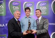 2 June 2010; Uachtarán Chumann Lúthchleas Gael Criostóir Ó Cuana and Shane Guest, Senior Brand Manager, Cadbury Ireland, presenting Dublin footballer Rory O'Carroll with the 2010 Cadbury Hero of the Future Award. Rory was one of 14 shortlisted players who had excelled throughout the 2010 Cadbury GAA U21 Football Championship, all nominees can be seen on www.cadburygaau21.com Past winners include Colm O’Neill and Fintan Goold from Cork, Killian Young from Kerry and Keith Higgins from Mayo and all have gone on to represent their counties at senior level. Rory, who plays his club football with Kilmacud Crokes, was named as a Cadbury Hero of the Match for his performance against Donegal in the All Ireland Final. The judging panel which consisted of senior Kildare footballer Dermot Earley, former Dublin manager Paul Caffrey and TG4 journalist Michael O’Domhnaill, gave serious consideration to the public vote which saw over 5,000 votes cast on cadburygaau21.com, but ultimately Rory O’Carroll’s heroic performances in both the semi-final against Roscommon and the final against Donegal, where he faced two of the Ireland’s most talented footballers meant he edged the competition out in the end. Cadbury Under 21 Hero of the Future Awards, Croke Park, Dublin. Picture credit: Stephen McCarthy / SPORTSFILE