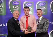 2 June 2010; Uachtarán Chumann Lúthchleas Gael Criostóir Ó Cuana and Shane Guest, Senior Brand Manager, Cadbury Ireland, with Donegal footballer Michael Murphy who was shortlisted for the 2010 Cadbury Hero of the Future Award. Michael was one of 14 short listed players who excelled throughout the 2010 Cadbury GAA U21 Football Championship. The 2010 Cadbury Hero of the Future Award was won by Rory O’Carroll, from Dublin. All nominees can be seen on www.cadburygaau21.com. Past winners, Colm O’Neill and Fintan Goold from Cork, Killian Young from Kerry and Keith Higgins from Mayo have gone on to represent their Counties at Senior level. Cadbury Under 21 Hero of the Future Awards, Croke Park, Dublin. Picture credit: Stephen McCarthy / SPORTSFILE