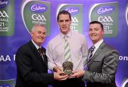 2 June 2010; Uachtarán Chumann Lúthchleas Gael Criostóir Ó Cuana and Shane Guest, Senior Brand Manager, Cadbury Ireland, with Carlow footballer Brendan Murphy who was shortlisted for the 2010 Cadbury Hero of the Future Award. Brendan was one of 14 short listed players who excelled throughout the 2010 Cadbury GAA U21 Football Championship. The 2010 Cadbury Hero of the Future Award was won by Rory O’Carroll, from Dublin. All nominees can be seen on www.cadburygaau21.com. Past winners, Colm O’Neill and Fintan Goold from Cork, Killian Young from Kerry and Keith Higgins from Mayo have gone on to represent their Counties at Senior level. Cadbury Under 21 Hero of the Future Awards, Croke Park, Dublin. Picture credit: Stephen McCarthy / SPORTSFILE