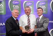 2 June 2010; Uachtarán Chumann Lúthchleas Gael Criostóir Ó Cuana and Shane Guest, Senior Brand Manager, Cadbury Ireland, with, father of Sligo footballer David Maye, Kevin, who was short listed for the 2010 Cadbury Hero of the Future Award, David was one of 14 short listed players who excelled throughout the 2010 Cadbury GAA U21 Football Championship. The 2010 Cadbury Hero of the Future Award was won by Rory O’Carroll, from Dublin. All nominees can be seen on www.cadburygaau21.com. Past winners, Colm O’Neill and Fintan Goold from Cork, Killian Young from Kerry and Keith Higgins from Mayo have gone on to represent their Counties at Senior level. Cadbury Under 21 Hero of the Future Awards, Croke Park, Dublin. Picture credit: Stephen McCarthy / SPORTSFILE