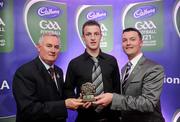 2 June 2010; Uachtarán Chumann Lúthchleas Gael Criostóir Ó Cuana and Shane Guest, Senior Brand Manager, Cadbury Ireland, with Roscommon footballer Michael Higgins who was short listed for the 2010 Cadbury Hero of the Future Award, Michael was one of 14 short listed players who excelled throughout the 2010 Cadbury GAA U21 Football Championship. The 2010 Cadbury Hero of the Future Award was won by Rory O’Carroll, from Dublin. All nominees can be seen on www.cadburygaau21.com. Past winners, Colm O’Neill and Fintan Goold from Cork, Killian Young from Kerry and Keith Higgins from Mayo have gone on to represent their Counties at Senior level. Cadbury Under 21 Hero of the Future Awards, Croke Park, Dublin. Picture credit: Stephen McCarthy / SPORTSFILE