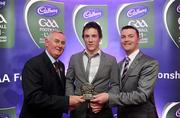 2 June 2010; Uachtarán Chumann Lúthchleas Gael Criostóir Ó Cuana and Shane Guest, Senior Brand Manager, Cadbury Ireland, with Roscommon footballer Neil Collins who was short listed for the 2010 Cadbury Hero of the Future Award, Neil was one of 14 short listed players who excelled throughout the 2010 Cadbury GAA U21 Football Championship. The 2010 Cadbury Hero of the Future Award was won by Rory O’Carroll, from Dublin. All nominees can be seen on www.cadburygaau21.com. Past winners, Colm O’Neill and Fintan Goold from Cork, Killian Young from Kerry and Keith Higgins from Mayo have gone on to represent their Counties at Senior level. Cadbury Under 21 Hero of the Future Awards, Croke Park, Dublin. Picture credit: Stephen McCarthy / SPORTSFILE