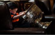 8 May 2016; Nathan Dolan, age 3, from Moate, Co. Westmeath, with the Sam Maguire cup at the Launch of RTÉ GAA Championship coverage. Hayes Hotel, Thurles, Co Tipperary. Picture credit: Ray McManus / SPORTSFILE