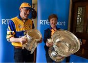 8 May 2016; Mary and Anthony Scanlon, from Clarecastle, Co. Clare, have their photo taken with the Liam MacCarthy and Sam Maguire cups, at the Launch of RTÉ GAA Championship coverage. Hayes Hotel, Thurles, Co Tipperary. Picture credit: Ray McManus / SPORTSFILE