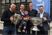 8 May 2016; Tomas O Se, left, with the Liam MacCarthy cup, Dessie Dolan, with his son Nathan, former All-Ireland winner Henry Shefflin and former Tipperary manager Liam Sheedy, right, holding the Sam Maguire cup, pictured at the Launch of RTÉ GAA Championship coverage. Hayes Hotel, Thurles, Co Tipperary. Picture credit: Ray McManus / SPORTSFILE