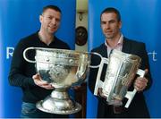 8 May 2016; Kerry's Tomas O Se, left, with the Sam Maguire cup, and Westmeath's Dessie Dolan, with the Liam MacCarthy cup, pictured at the Launch of RTÉ GAA Championship coverage. Hayes Hotel, Thurles, Co Tipperary. Picture credit: Ray McManus / SPORTSFILE