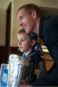 8 May 2016; Darragh Boland, age 6, from Clonea Power, Co. Waterford, and former All-Ireland winner Henry Shefflin, with the Liam MacCarthy cup, pictured at the Launch of RTÉ GAA Championship coverage. Hayes Hotel, Thurles, Co Tipperary. Picture credit: Ray McManus / SPORTSFILE