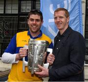 8 May 2016; Colm O'Dea, from Kilrush, Co. Kildare, with former All-Ireland winner Henry Shefflin and the Liam MacCarthy cup, pictured at the Launch of RTÉ GAA Championship coverage. Hayes Hotel, Thurles, Co Tipperary. Picture credit: Ray McManus / SPORTSFILE