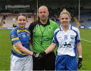 8 May 2016; Referee Jonathan Murphy with team captain Edel Hanley, Tipperary, left, and Sinéad Ryan, Waterford, before the game. Lidl Ladies Football National League, Division 3, Final Replay, Tipperary v Waterford. Semple Stadium, Thurles, Co. Tipperary. Picture credit: Piaras Ó Mídheach / SPORTSFILE