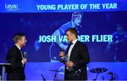 7 May 2016; Laya Healthcare Young Player of the Year Josh van der Flier is interviewed by MC Darragh Maloney. The Leinster Awards Ball celebrated the 2015/16 season to date, with players past and present, and said a fond farewell to a number of players who had contributed much to the success of Leinster over the years. Ben Te'o and Josh van der Flier were the big winners on the night as they won the Bank of Ireland Players' Player of the Year and the Laya Healthcare Young Player of the Year Awards, while Belvedere College and St Mary's RFC were notable winners on the domestic side. DoubleTree by Hilton, Dublin. Picture credit: Stephen McCarthy / SPORTSFILE