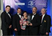 7 May 2016; Beauchamps Club Special Merit award recipient Norman Carter, Roscrea RFC, with Leinster Rugby president Robert McDermott, left, Denis Delaney, Noreen Carter and Denis Meagher, right. The Leinster Awards Ball celebrated the 2015/16 season to date, with players past and present, and said a fond farewell to a number of players who had contributed much to the success of Leinster over the years. Ben Te'o and Josh van der Flier were the big winners on the night as they won the Bank of Ireland Players' Player of the Year and the Laya Healthcare Young Player of the Year Awards, while Belvedere College and St Mary's RFC were notable winners on the domestic side. DoubleTree by Hilton, Dublin. Picture credit: Stephen McCarthy / SPORTSFILE