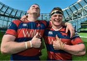 8 May 2016; Michael Noone, left and Anthony Ryan, Clontarf, celebrate at the end of the game . Ulster Bank League, Division 1A, Final, Clontarf v Cork Constitution. Aviva Stadium, Lansdowne Road, Dublin. Picture credit: David Maher / SPORTSFILE