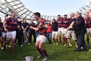 8 May 2016; Joseph Carbery, Clontarf, celebrates with captain Ben Reilly and theirteammates at the end of the game . Ulster Bank League, Division 1A, Final, Clontarf v Cork Constitution. Aviva Stadium, Lansdowne Road, Dublin. Picture credit: David Maher / SPORTSFILE