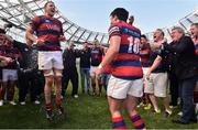 8 May 2016; Joseph Carbery, Clontarf, celebrates with captain Ben Reilly, left, and their teammates at the end of the game. Ulster Bank League, Division 1A, Final, Clontarf v Cork Constitution. Aviva Stadium, Lansdowne Road, Dublin. Picture credit: David Maher / SPORTSFILE