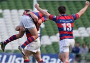 8 May 2016; Michael McGrath lifts up his team-mate Joseph Carbery, Clontarf, as they celebrate with no.13 Conor O'Brien, at the end of the game. Ulster Bank League, Division 1A, Final, Clontarf v Cork Constitution. Aviva Stadium, Lansdowne Road, Dublin. Picture credit: David Maher / SPORTSFILE