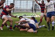 8 May 2016; Anthony Ryan, Clontarf, goes over to score his side's third try despite the tackles pf Cork Constitution's Conor Kindregan and James Murphy. Ulster Bank League, Division 1A, Final, Clontarf v Cork Constitution. Aviva Stadium, Lansdowne Road, Dublin. Picture credit: David Maher / SPORTSFILE