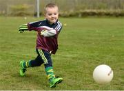 8 May 2016; Ollie O'Sullivan, aged 4, son of former Kerry and Dromid Pearses footballer Declan O'Sullivan, practices his football skills at the Piarsaigh Na Dromoda Lá na gClubanna celebrations. Lá Na gClubanna - Piarsaigh Na Dromoda. Páirc an Phiarsaigh, Inse na Toinne, Dromid, Co. Kerry. Picture credit: Diarmuid Greene / SPORTSFILE