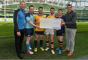 8 May 2016; Pictured are Ulster Bank Rugby Ambassadors Stephen Ferris, far left, and Alan Quinlan, far right, with kickers, from left, Simon Gellespie, from MU Barnhall RFC in Kildare, Ross Keller, from Ballinasloe Rugby Club in Galway, Declan Bannon, from Bruff RFC in Limerick, and Adam Doherty, from Banbridge RFC in Down. Four clubs, one from each province, took part in Ulster Bank’s ‘Drop-Kick for Your Club’ initiative in the Aviva Stadium today during half-time of the Ulster Bank League final between Clontarf and Cork Con. Ulster Bank gave away €10,000 as four nominated kickers stepped up to the 32 metre mark for their drop-kick. Aviva Stadium, Lansdowne Road, Dublin. Picture credit: David Maher / SPORTSFILE