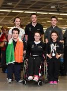 8 May 2016; The Team Ireland squad, back row, from left, Ellen Keane, from Clontarf, Co. Dublin, Jonathan McGrath, from Killaloe, Co. Clare, and Barry McClements, from Newtownards, Co. Down, with, front row, from left, James Scully, from Ratoath, Co. Meath, Ailbhe Kelly, from Castleknock, Dublin, and Nicole Turner, from Portarlington, Co. Laois, who won two silver medals and one bronze medal, on their return to Dublin Airport from the IPC European Open Swim Championships in Funchal, Portugal. The squad collected two European silver medals, one bronze medal and a whopping 23 Personal Best times. Picture credit: Stephen McCarthy / SPORTSFILE
