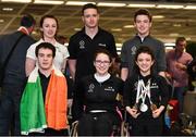 8 May 2016; The Team Ireland squad, back row, from left, Ellen Keane, from Clontarf, Co. Dublin, Jonathan McGrath, from Killaloe, Co. Clare, and Barry McClements, from Newtownards, Co. Down, with, front row, from left, James Scully, from Ratoath, Co. Meath, Ailbhe Kelly, from Castleknock, Dublin, and Nicole Turner, from Portarlington, Co. Laois, who won two silver medals and one bronze medal, on their return to Dublin Airport from the IPC European Open Swim Championships in Funchal, Portugal. The squad collected two European silver medals, one bronze medal and a whopping 23 Personal Best times. Picture credit: Stephen McCarthy / SPORTSFILE