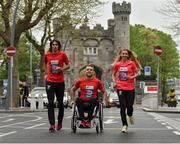 10 May 2016; Olympic Marathon qualifiers Lizzie Lee and Mick Clohisey alongside Paralympic qualifier and 2015 wheelchair race winner, Patrick Monahan, launched the 2016 SSE Airtricity Dublin Marathon and Race Series with a tribute to the Ireland 2016 Centenary today at Kilmainham Gaol. Photo by Sportsfile