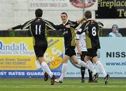 8 June 2010; Sporting Fingal's Shaun Williams celebrates after scoring his side's first goal with team-mates Shane McFaul, left, and Ronan Finn. Airtricity League Premier Division, Dundalk v Sporting Fingal, Oriel Park, Dundalk, Co. Louth. Photo by Sportsfile