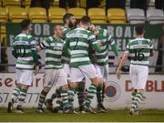 10 May 2016; Gary Shaw, Shamrock Rovers, second from right, is congratulated by team-mates after scoring his sides second goal. SSE Airtricity League, Premier Division, Shamrock Rovers v Sligo Rovers. Tallaght Stadium, Tallaght, Co. Dublin. Picture credit: Sam Barnes / SPORTSFILE