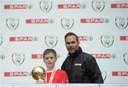 11 May 2016; Player of the Tournament 'B' Schools Darragh Stáicliúm, from Gaelscoil Bhríde, Thurles, Tipperary, with SPAR FAI Primary School 5s Programme ambassador and former Republic of Ireland International Jason McAteer. SPAR FAI Primary School 5s National Finals, Aviva Stadium, Dublin. Picture credit: Piaras Ó Mídheach / SPORTSFILE