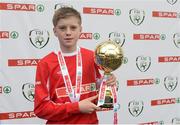 11 May 2016; Player of the Tournament 'B' Schools Darragh Stáicliúm, from Gaelscoil Bhríde, Thurles, Tipperary, with his award. SPAR FAI Primary School 5s National Finals, Aviva Stadium, Dublin. Picture credit: Piaras Ó Mídheach / SPORTSFILE