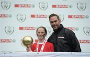 11 May 2016; Player of the Tournament 'A' Schools Emer McCarthy, from Thomastown NS, Tipperary with SPAR FAI Primary School 5s Programme ambassador and former Republic of Ireland International Jason McAteer. SPAR FAI Primary School 5s National Finals, Aviva Stadium, Dublin. Picture credit: Piaras Ó Mídheach / SPORTSFILE