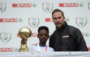 11 May 2016; Player of the Tournament 'C' Schools Edric Opoku, from St Patrick's BNS, Galway with SPAR FAI Primary School 5s Programme ambassador and former Republic of Ireland International Jason McAteer. SPAR FAI Primary School 5s National Finals, Aviva Stadium, Dublin. Picture credit: Piaras Ó Mídheach / SPORTSFILE