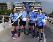 12 May 2016; Dublin stars Ali Twomey, Noelle Healy, David Treacy and Jonny Cooper helped Dublin GAA and sponsors AIG Insurance officially launch the new Dublin jersey today. Available at oneills.com and at sports outlets nationwide for €65, the jersey will be worn for the first time in a game by the Dublin minor hurlers on Saturday against Kilkenny. Pictured on the Samuel Beckett Bridge are, from left, Dublin Camogie star Ali Twomey, Dublin footballer Jonny Cooper, Dublin hurler David Treacy and Dublin Ladies Footballer Noelle Healy. Photo by Stephen McCarthy/Sportsfile