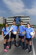 12 May 2016; Dublin stars Ali Twomey, Noelle Healy, David Treacy and Jonny Cooper helped Dublin GAA and sponsors AIG Insurance officially launch the new Dublin jersey today. Available at oneills.com and at sports outlets nationwide for €65, the jersey will be worn for the first time in a game by the Dublin minor hurlers on Saturday against Kilkenny. Pictured on the Samuel Beckett Bridge are, from left, Dublin Camogie star Ali Twomey, Dublin footballer Jonny Cooper, Dublin hurler David Treacy and Dublin Ladies Footballer Noelle Healy. Photo by Stephen McCarthy/Sportsfile