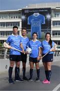 12 May 2016; Dublin stars Ali Twomey, Noelle Healy, David Treacy and Jonny Cooper helped Dublin GAA and sponsors AIG Insurance officially launch the new Dublin jersey today. Available at oneills.com and at sports outlets nationwide for €65, the jersey will be worn for the first time in a game by the Dublin minor hurlers on Saturday against Kilkenny. Pictured on the Samuel Beckett Bridge are, from left, Dublin hurler David Treacy, Dublin footballer Jonny Cooper, Dublin Ladies Footballer Noelle Healy and Dublin Camogie star Ali Twomey. Photo by Stephen McCarthy/Sportsfile