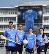 12 May 2016; Dublin stars Ali Twomey, Noelle Healy, David Treacy and Jonny Cooper helped Dublin GAA and sponsors AIG Insurance officially launch the new Dublin jersey today. Available at oneills.com and at sports outlets nationwide for €65, the jersey will be worn for the first time in a game by the Dublin minor hurlers on Saturday against Kilkenny. Pictured on the Samuel Beckett Bridge are, from left, Dublin hurler David Treacy, Dublin footballer Jonny Cooper, Dublin Ladies Footballer Noelle Healy and Dublin Camogie star Ali Twomey. Photo by Stephen McCarthy/Sportsfile