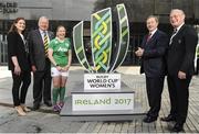 12 May 2016; Former Irish women’s rugby captain Fiona Coghlan, left, incoming World Rugby Chairman Bill Beaumont, Irish women's captain Niamh Briggs, An Taoiseach Enda Kenny and IRFU President Martin O'Sullivan during a press conference. Women's Rugby World Cup 2017 Press Conference, UCD Sports Hall Cinema, UCD, Dublin. Picture credit: Seb Daly / SPORTSFILE